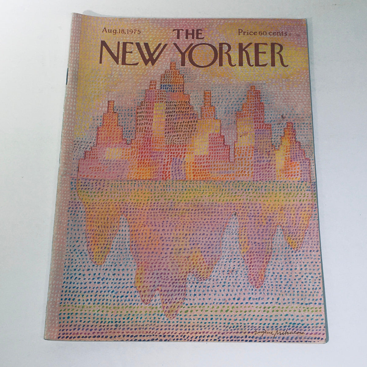 The New Yorker: Aug 18 1975 Eugene Mihaesco Summer Cover - Colorful artwork depicting a summer landscape with stylized cityscape and warm hues on the magazine cover.