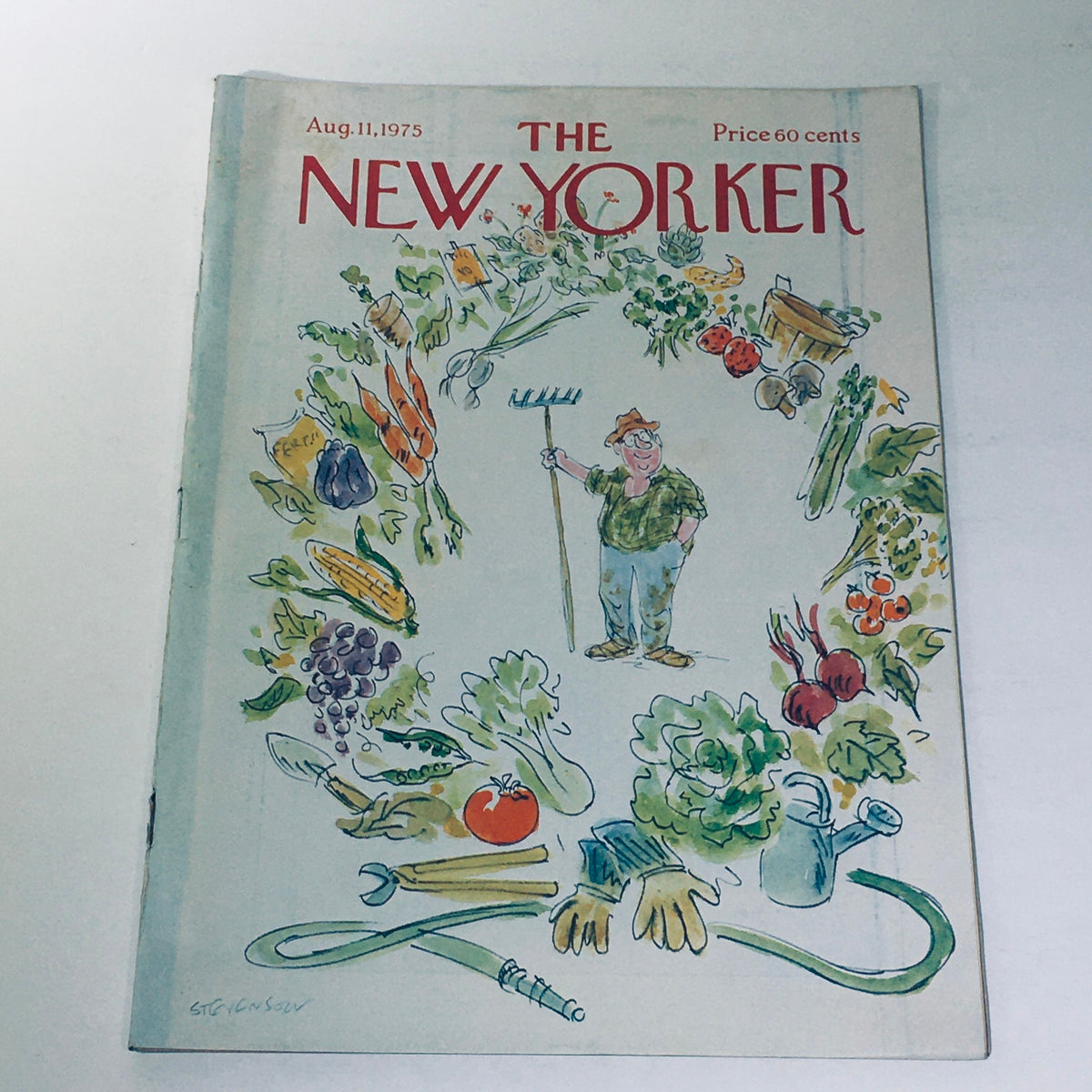 The New Yorker Magazine August 11 1975 Full Theme Cover by James Stevenson featuring a whimsical illustration of a farmer surrounded by various vegetables and gardening tools, capturing the essence of 1970s Americana.
