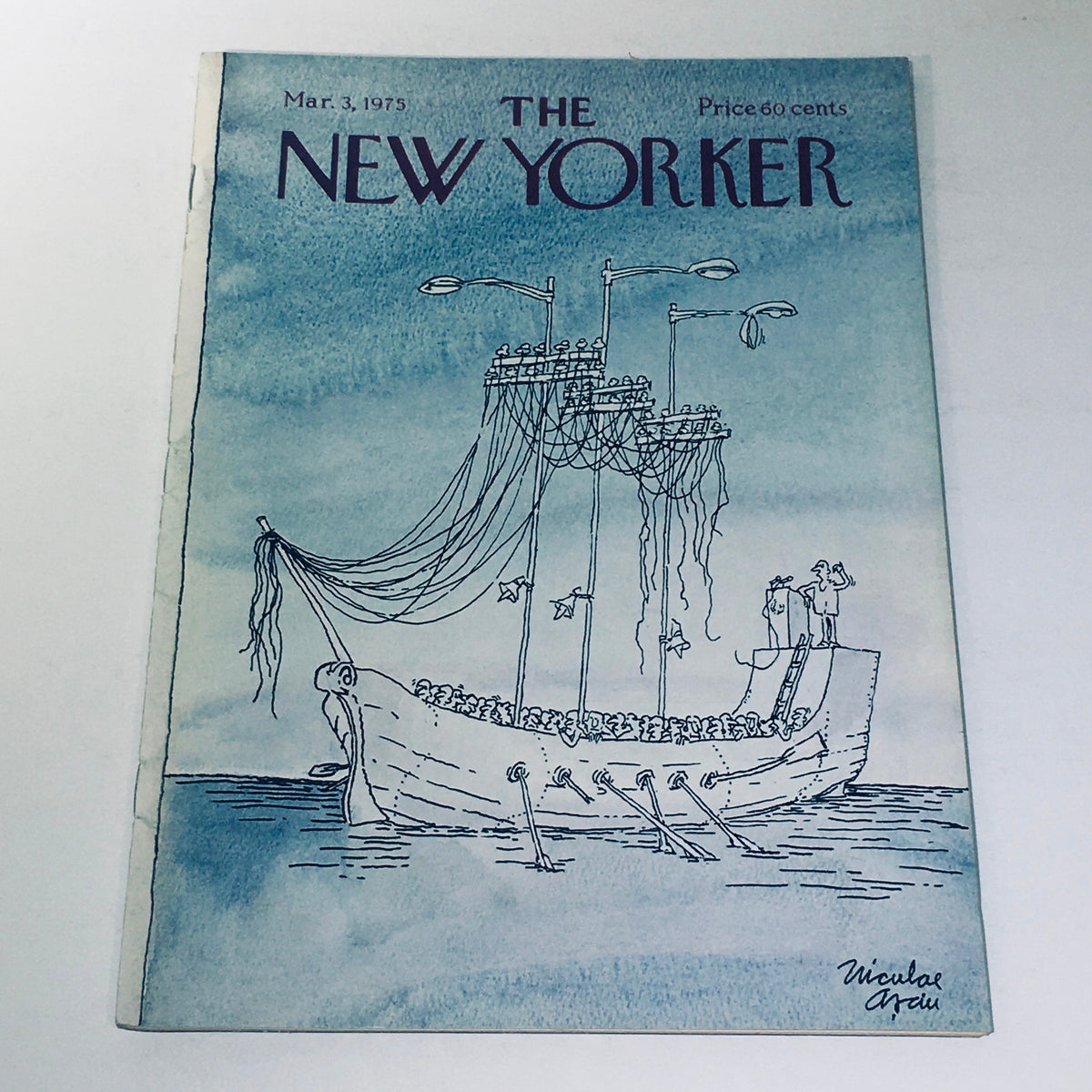 The New Yorker Magazine March 3 1975 Full Theme Cover featuring a whimsical illustration of a ship with various figures on board, designed by artist Niculae Asciu. This vintage magazine is a notable piece from a pivotal era in American journalism and art.