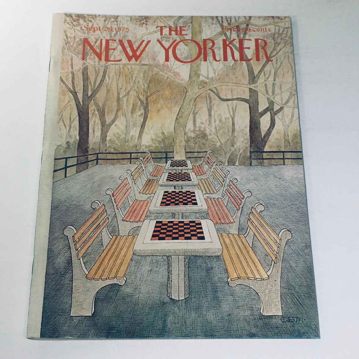Cover of The New Yorker magazine from September 29, 1975, featuring an illustrated scene of outdoor benches and chess tables in a serene park setting by artist Charles E. Martin.