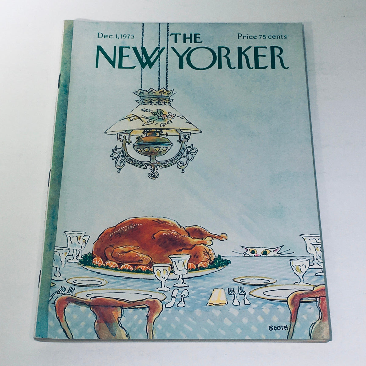 Cover of The New Yorker from December 1, 1975, featuring a Thanksgiving theme with a roasted turkey in a beautifully set dining table, illustrated by George Booth.