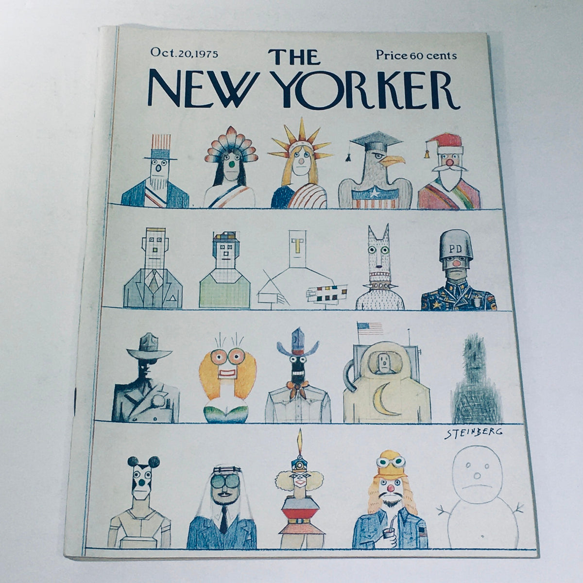 Cover of The New Yorker: October 20, 1975 featuring artwork by Saul Steinberg, showcasing a creative array of illustrated characters that reflect the cultural landscape of the mid-1970s.