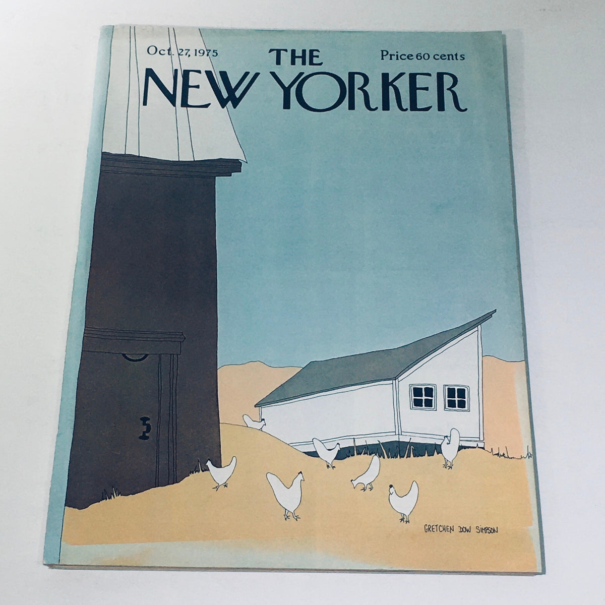Cover of The New Yorker magazine from October 27, 1975 featuring artwork by Gretchen Dow Simpson, depicting chickens around a barn and a farmhouse.