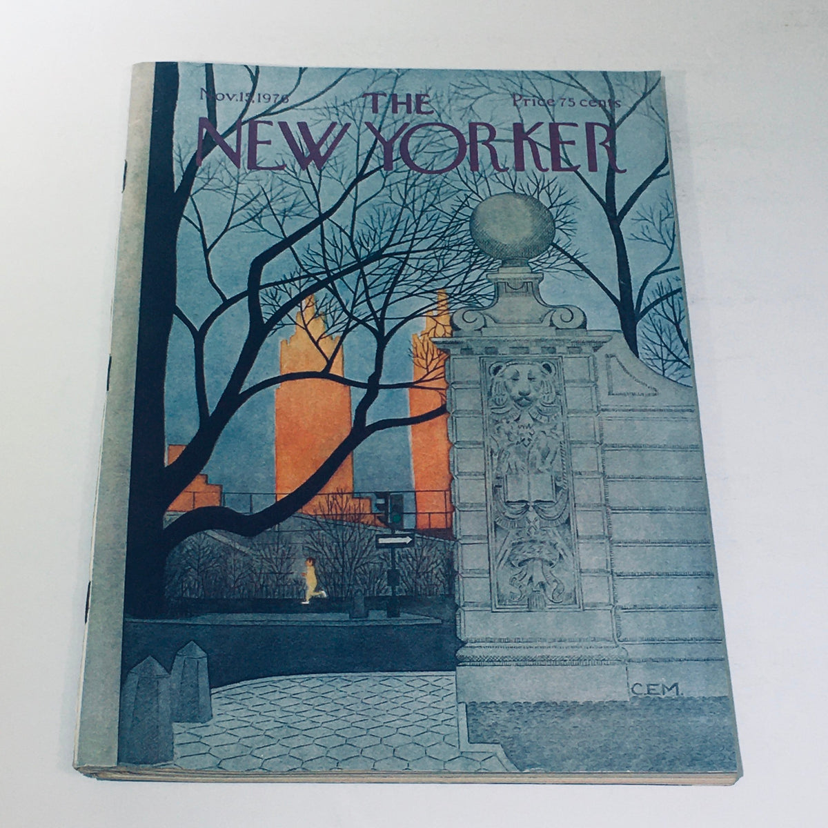 Cover of The New Yorker Magazine from November 15, 1976, featuring 'Central Park Sunset' artwork by Charles E. Martin, showcasing a dusky urban scene with trees and hint of city lights.