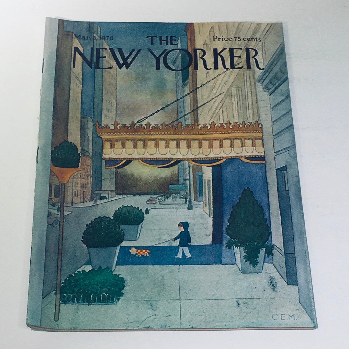 Cover of The New Yorker, March 8, 1976, featuring artwork by Charles E. Martin. Illustration depicts a street scene with a figure walking a dog among potted plants and a theater marquee, capturing the essence of city life in the 1970s.