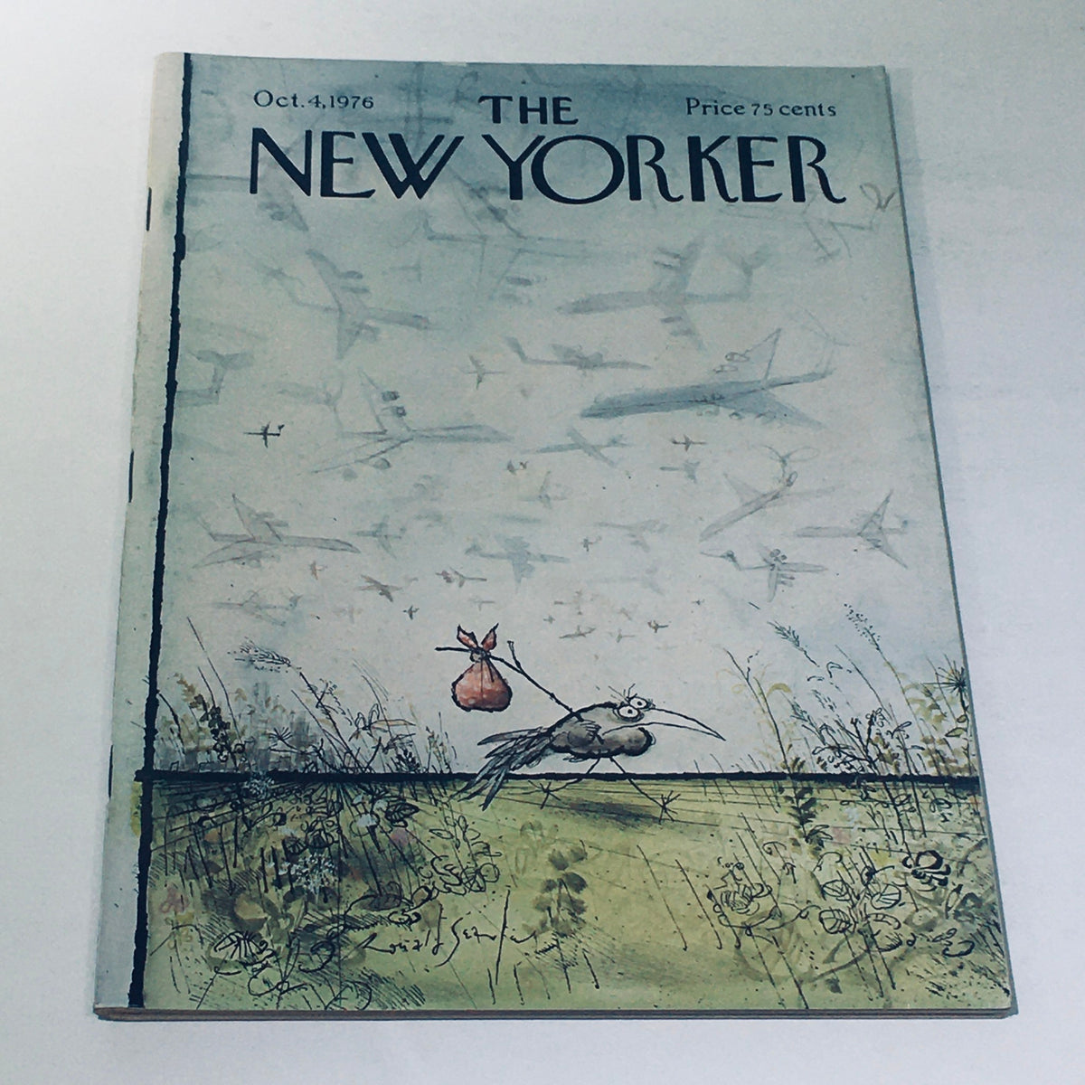 Cover of The New Yorker Magazine October 4, 1976, featuring a whimsical illustration by Ronald Searle of a bird with a bag on a stick, against a backdrop of planes and a serene landscape.