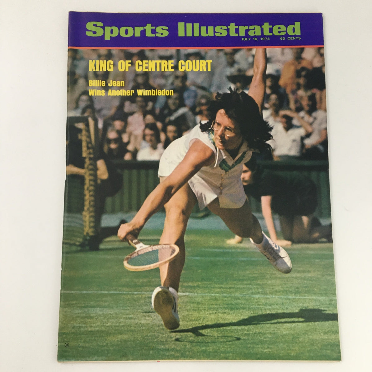 VTG Sports Illustrated Magazine July 16 1973 Billie Jean King Cover featuring Billie Jean in action on the tennis court, celebrating her Wimbledon victory with an enthusiastic crowd in the background.