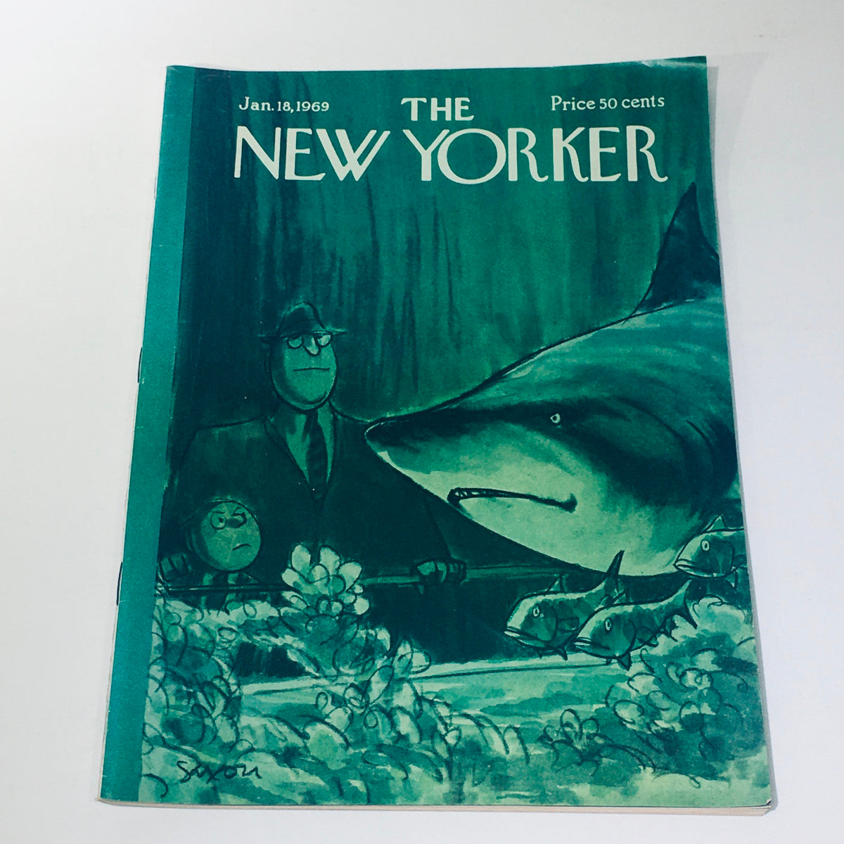 The New Yorker: Jan 18 1969 Cover featuring a Saxon Tycoon Aquarium Shark, showcasing vibrant green tones and unique character illustrations, ideal for magazine collectors.