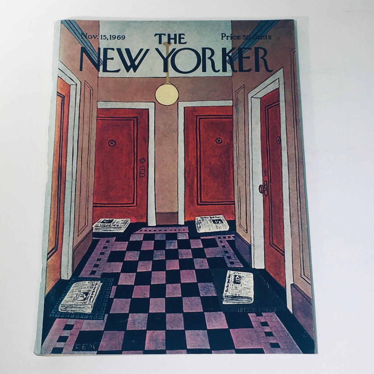 The New Yorker: Nov 15, 1969 Cover featuring an artistic depiction of a corridor with red doors and newspapers on the floor, illustrated by Charles E. Martin. This full magazine represents a unique collectible piece from the late '60s.