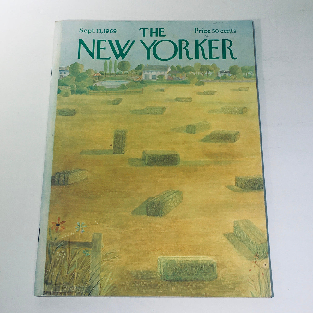 Cover of The New Yorker Magazine from September 13, 1969, featuring the illustration 'Hay Bales in a Field' by Ilonka Karasz, depicting a serene agricultural landscape with hay bales on a golden field.
