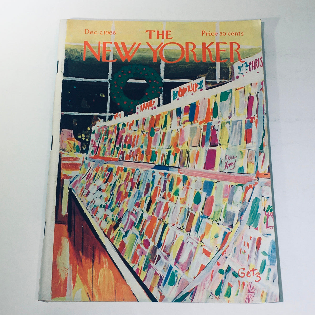 Cover of The New Yorker magazine from December 7, 1968 featuring a vibrant vintage Christmas illustration by Arthur Getz, showcasing a festive display of cards with a wreath in the background.