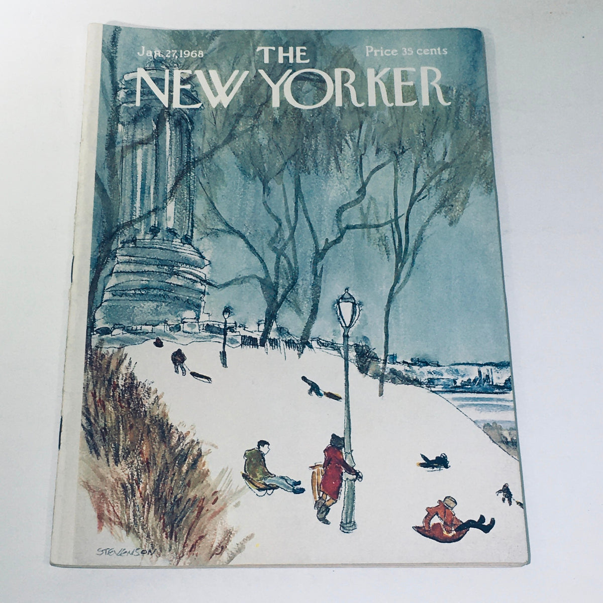 The New Yorker cover from January 27, 1968, featuring an artistic illustration of a snowy landscape, with people enjoying leisure activities and trees in the background.