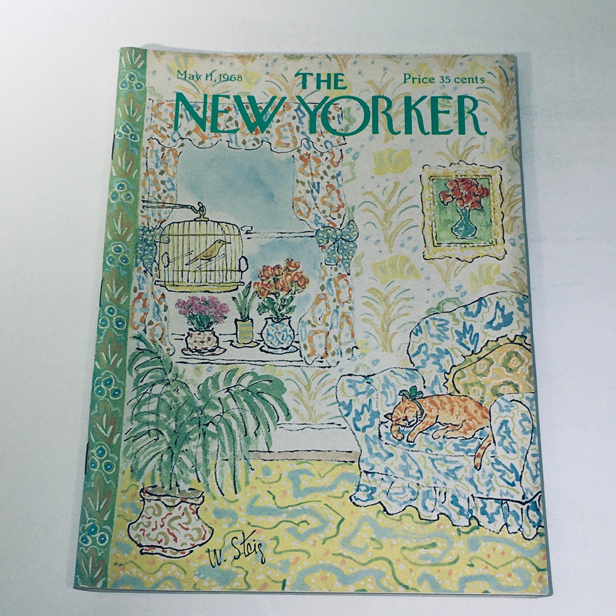 Cover of The New Yorker magazine from May 11, 1968 by William Steig, featuring an indoor scene with a cozy living room, a cat resting on a sofa, and vibrant colorful decor.