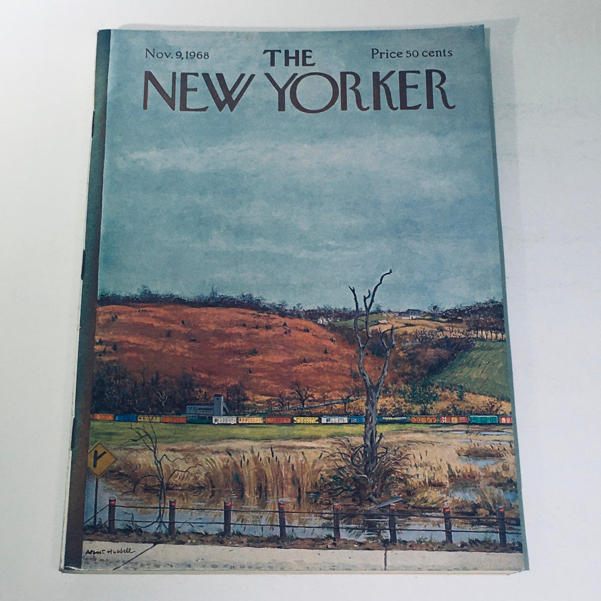The New Yorker Magazine November 9 1968 featuring a captivating cover illustration of a cargo train by Albert Hubbell, showcasing a serene landscape with rolling hills and a body of water.