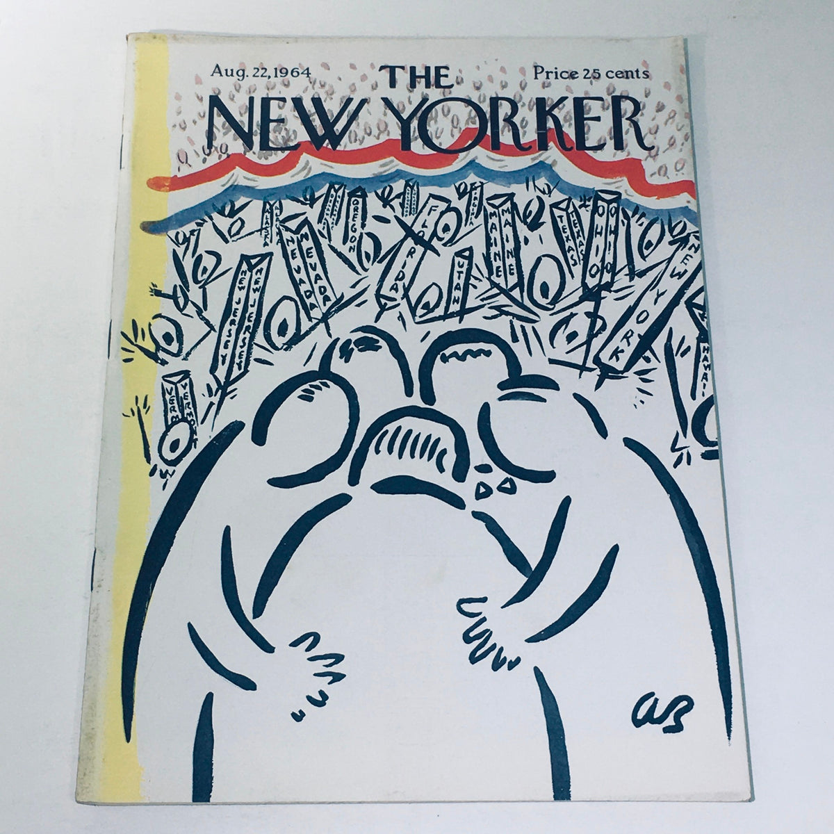 Cover of The New Yorker magazine from August 22, 1964, featuring a political scene illustration by Abe Bimbaum, showcasing a unique artistic depiction relevant to the sociopolitical climate of the 1960s.