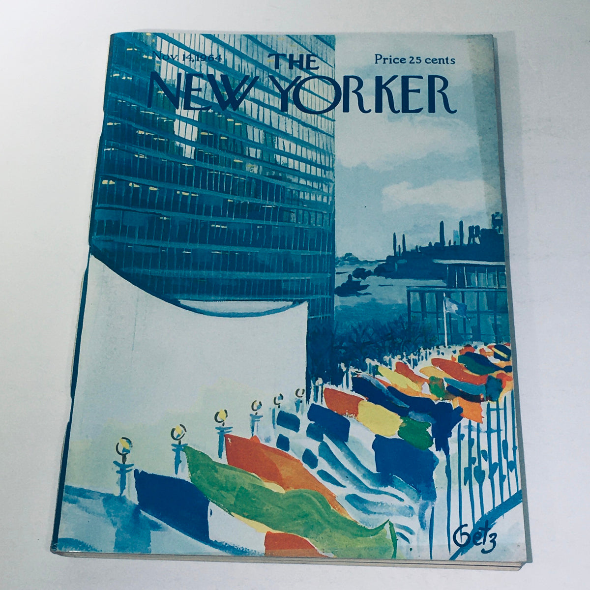 Cover of The New Yorker magazine from November 14, 1964, featuring artwork by Arthur Getz, depicting colorful flags and modern architecture.