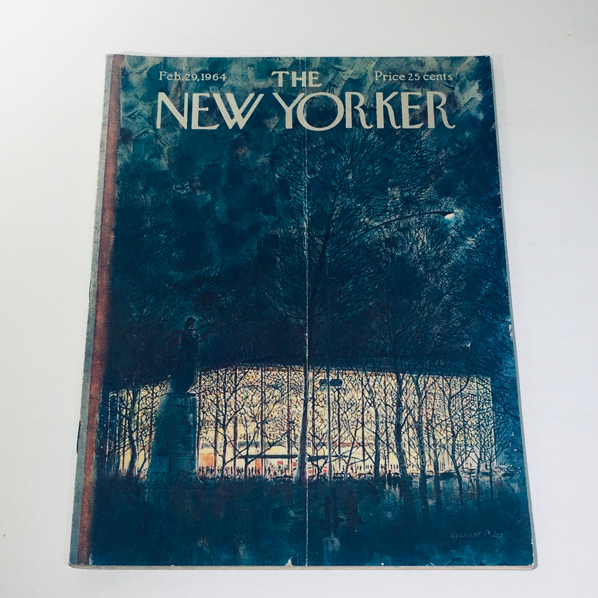 The New Yorker magazine cover from February 29, 1964 by Garrett Price, featuring an illustrated depiction of Lincoln Center surrounded by bare trees and evening lights.