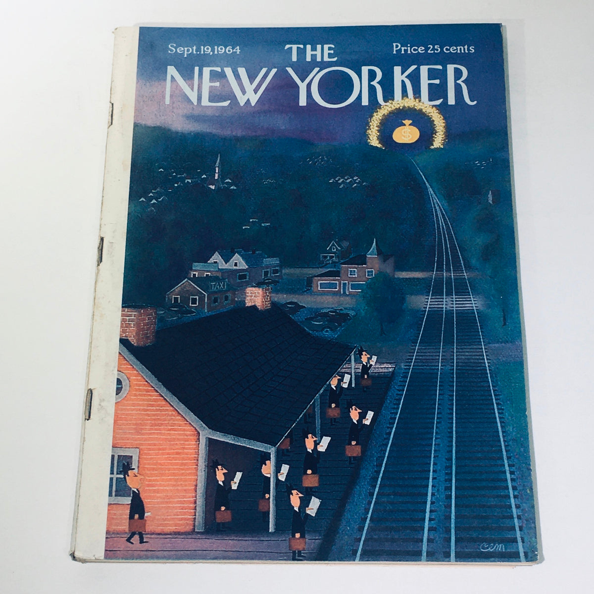Cover of The New Yorker magazine dated September 19, 1964, featuring a whimsical illustration by Charles E. Martin depicting a train track leading toward a pot of gold, showcasing a nostalgic scene filled with charm.