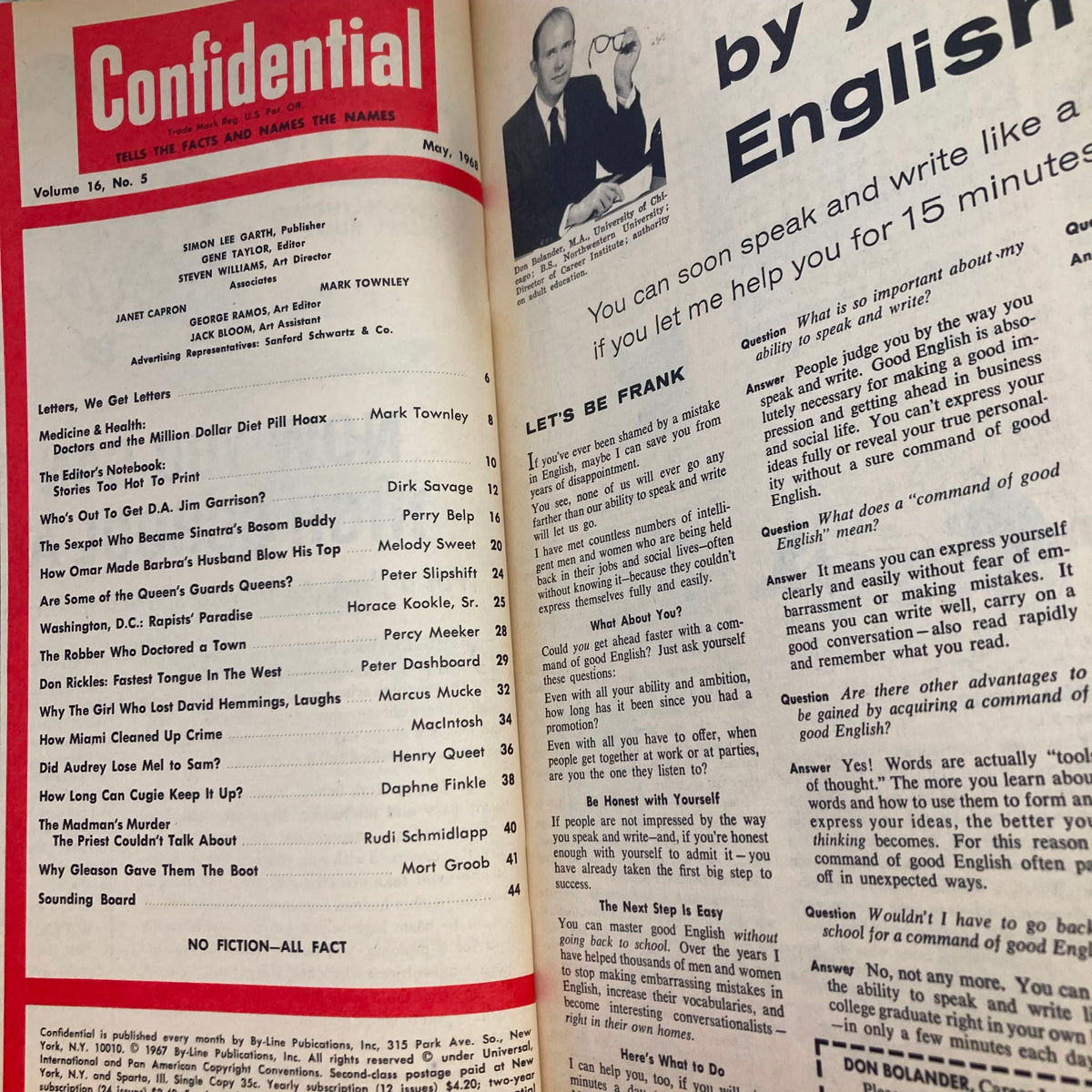 Inside page of VTG Confidential Magazine May 1968 Vol 16 No. 5 displaying articles, including the table of contents and editorial insights.