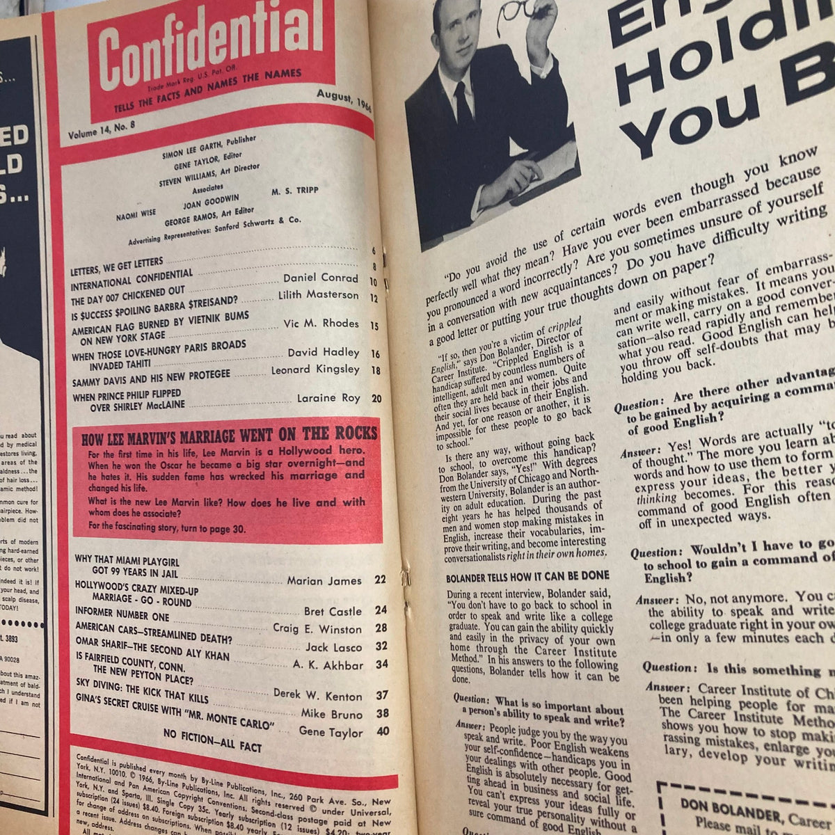Inside pages of Confidential Magazine August 1966, Volume 14, No. 8, displaying the table of contents and publications details including articles about celebrity gossip and cultural insights from the 1960s.