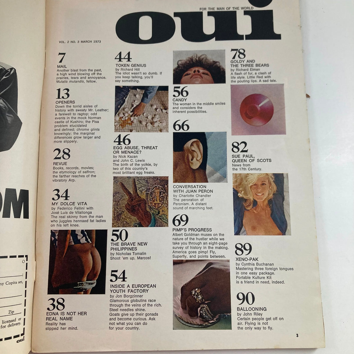 Interior page of VTG Oui Magazine March 1973, showcasing the table of contents with various article titles including 'Sue Paul, Queen of Scots,' illustrating the magazine's diverse topics and themes.