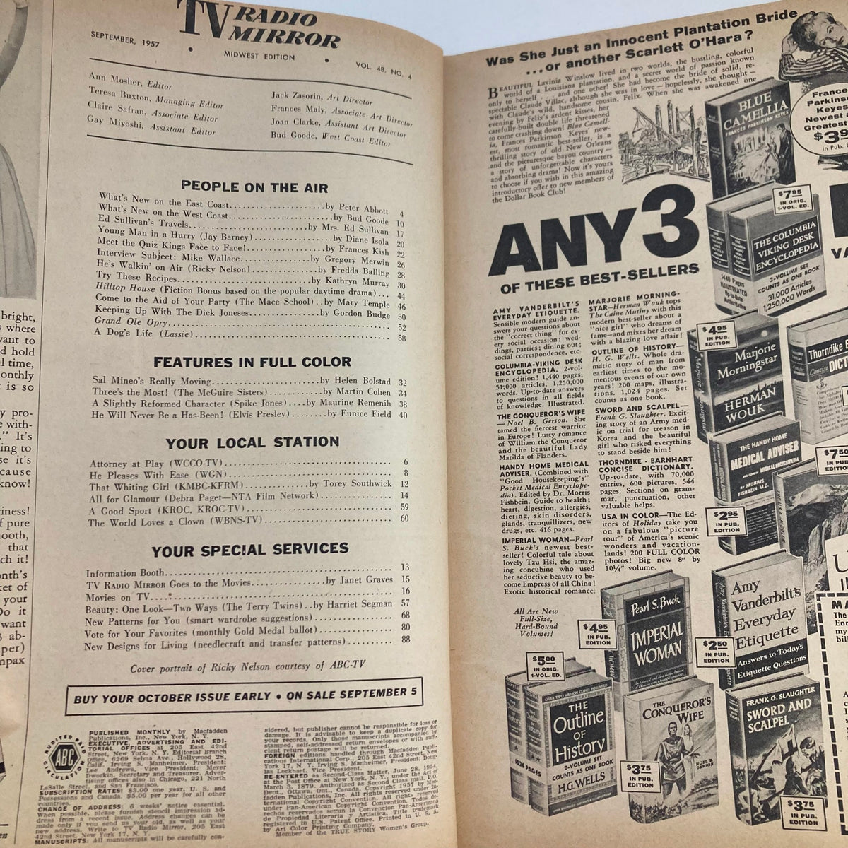 Interior page of TV Radio Mirror Magazine September 1957, displaying contents and articles related to television and radio features.