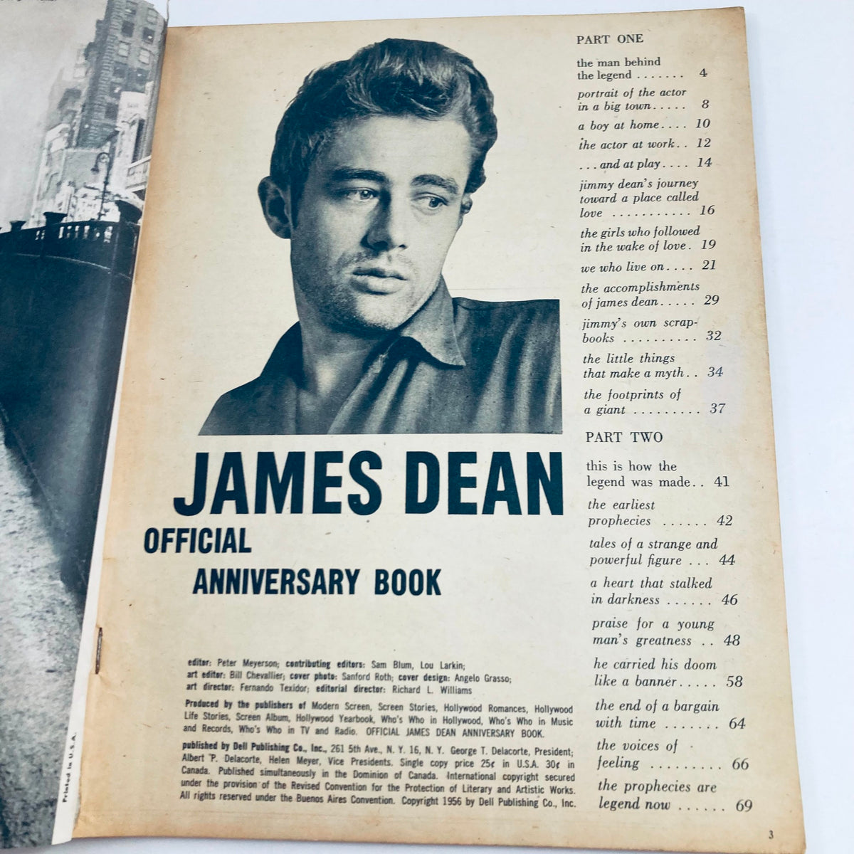 Inside page of VTG 1956 James Dean Official Anniversary Book displaying the title and content sections alongside a black and white photograph of James Dean.