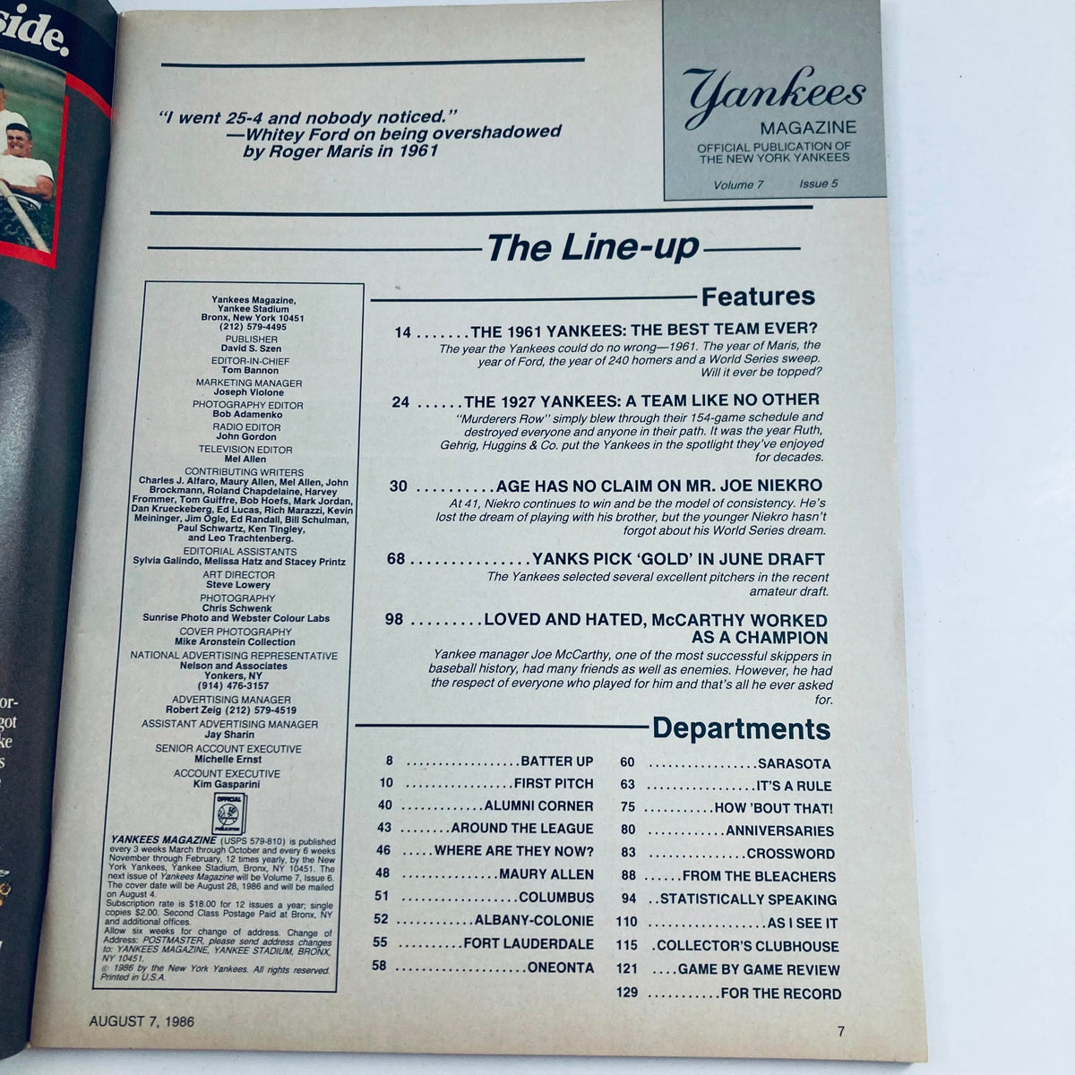 Interior page of Vintage Yankees Magazine from August 7, 1986 showcasing the table of contents with features and departments.