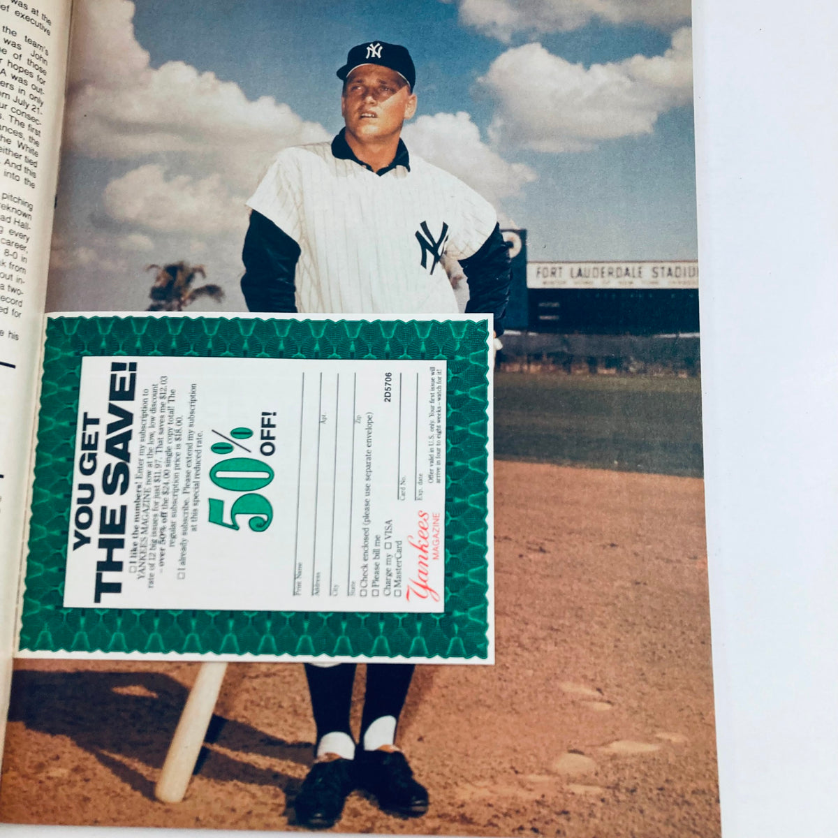 Photo from Vintage Yankees Magazine August 7, 1986 depicting a Yankees player standing at Fort Lauderdale Stadium with a promotional offer.
