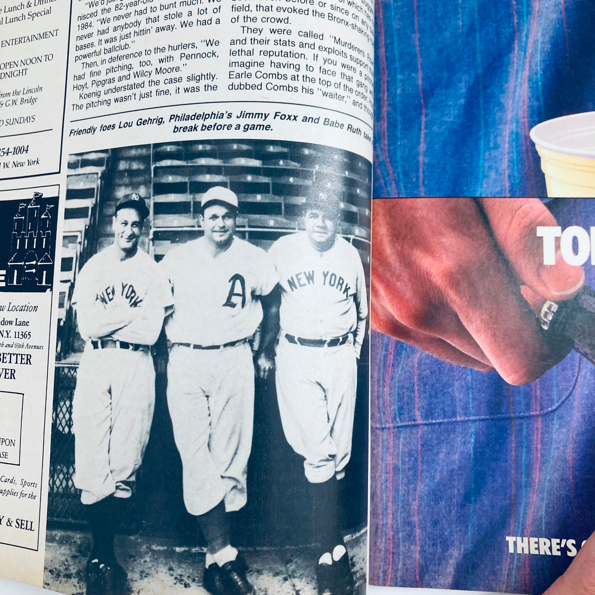Vintage Yankees Magazine August 7 1986 featuring famous baseball legends Lou Gehrig, Jimmy Foxx, and Babe Ruth posing together before a game.