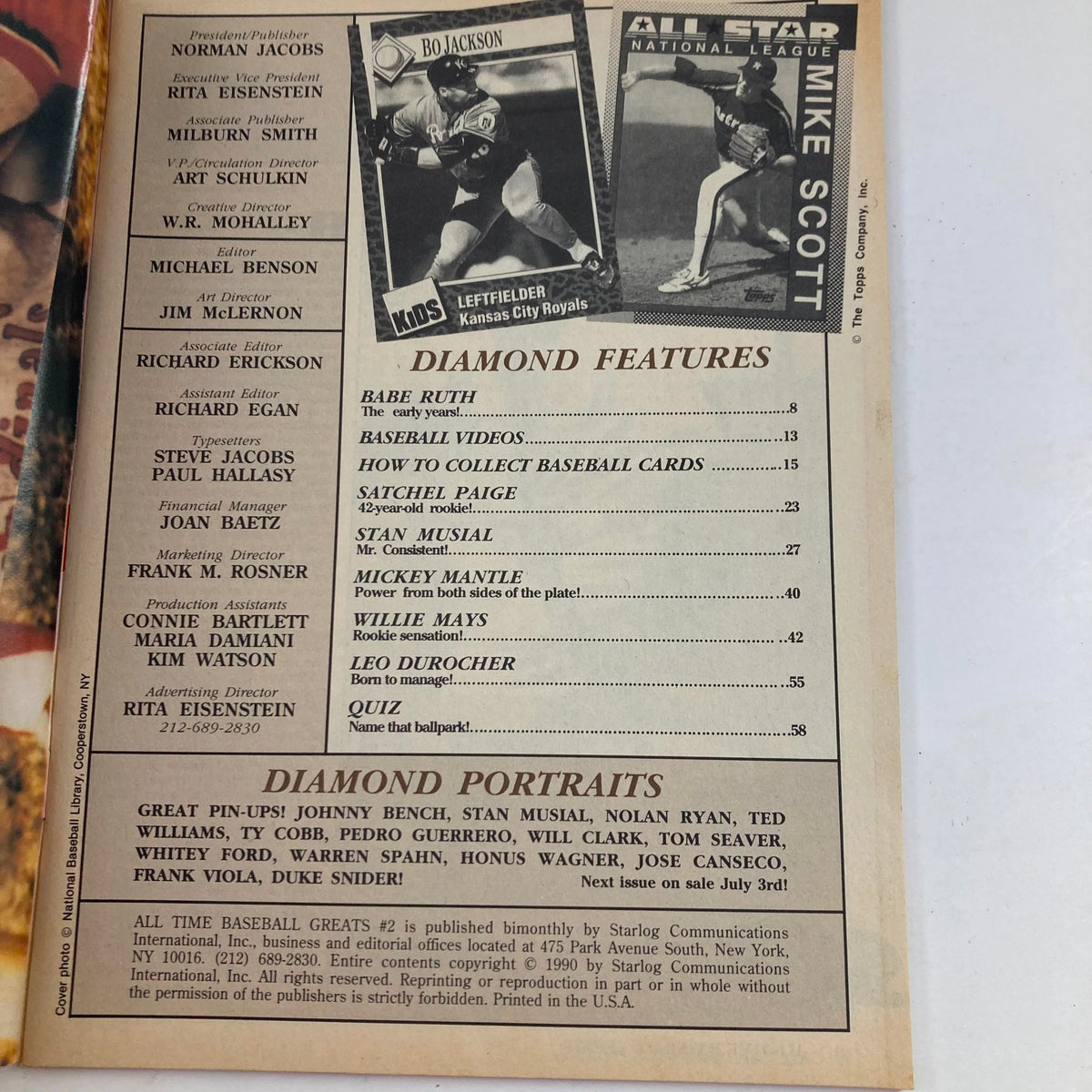 Interior page of VTG All Time Baseball Greats Magazine July 1990 #2 featuring content list including Mickey Mantle, Babe Ruth, and Stan Musial.