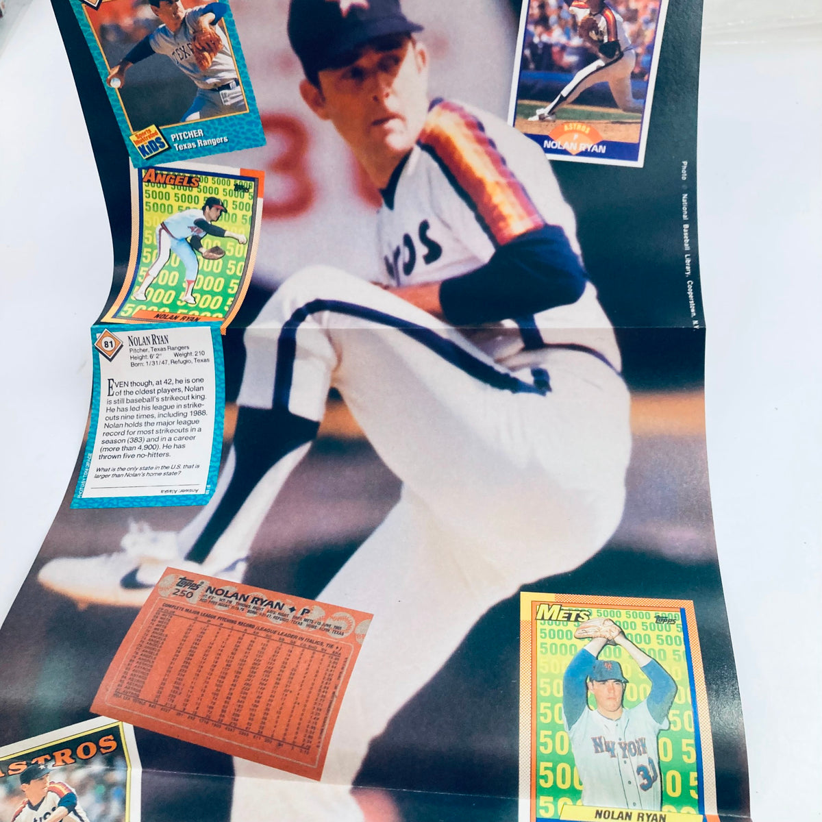 Poster page in VTG All Time Baseball Greats Magazine July 1990 #2 featuring Nolan Ryan, famous pitcher, surrounded by collectible baseball cards.