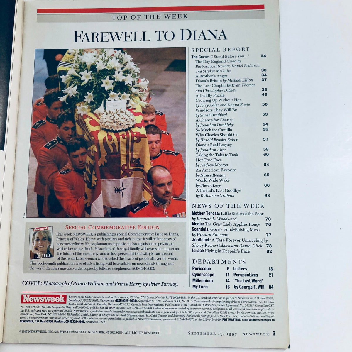Inside page of Newsweek Magazine September 15, 1997 detailing the special commemorative edition on Diana, with a photograph of Prince William and Prince Harry.