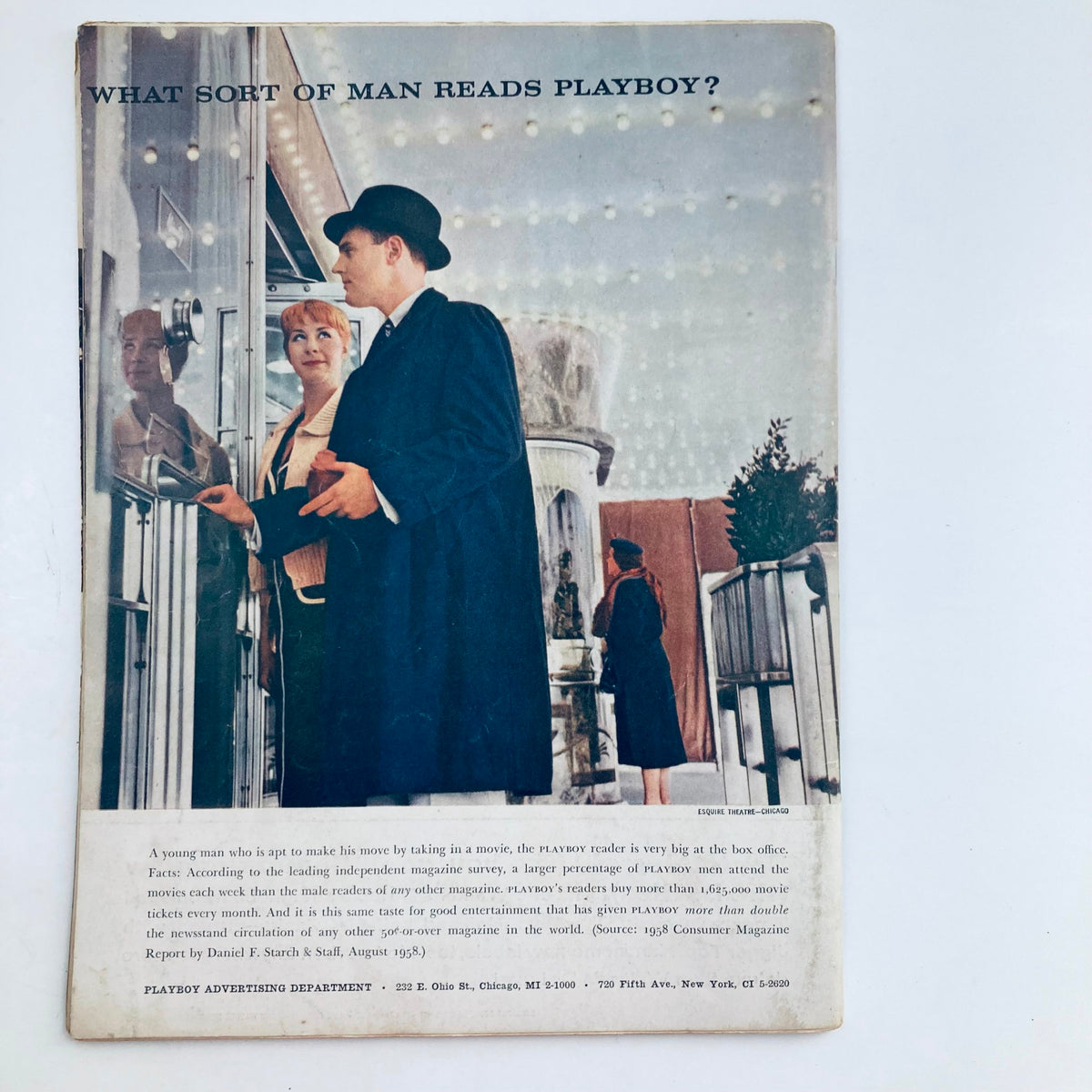 Back cover of VTG Playboy Magazine October 1958 with a vintage advertisement posing the question 'What sort of man reads Playboy?' featuring a couple at a movie theater.