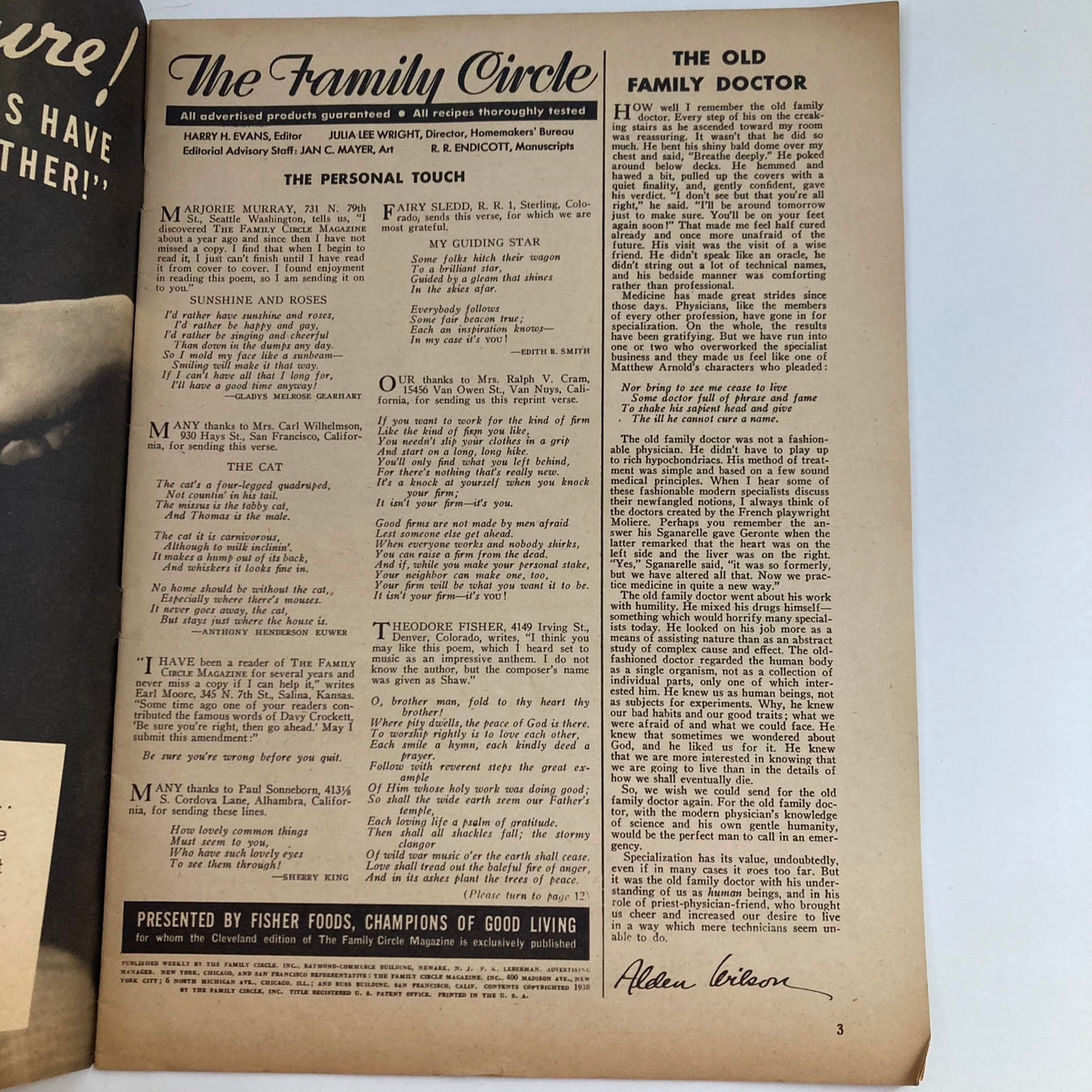 Interior page of VTG The Family Circle Magazine August 5, 1938 featuring articles and advertisements, highlighting family themes and nostalgia from the 1930s.