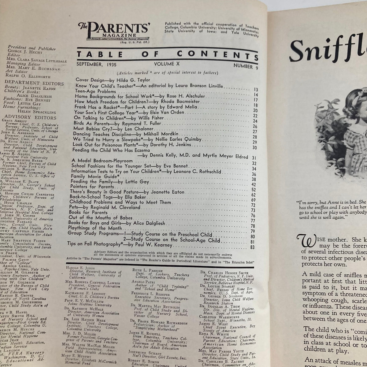 Table of contents from VTG The Parents' Magazine September 1935, showcasing articles related to early childhood education and parenting tips.
