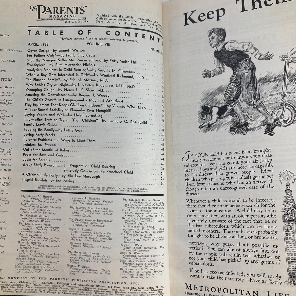 Inside page of VTG The Parents' Magazine April 1933 displaying the table of contents. The page showcases articles about parenting and family dynamics relevant to the era.