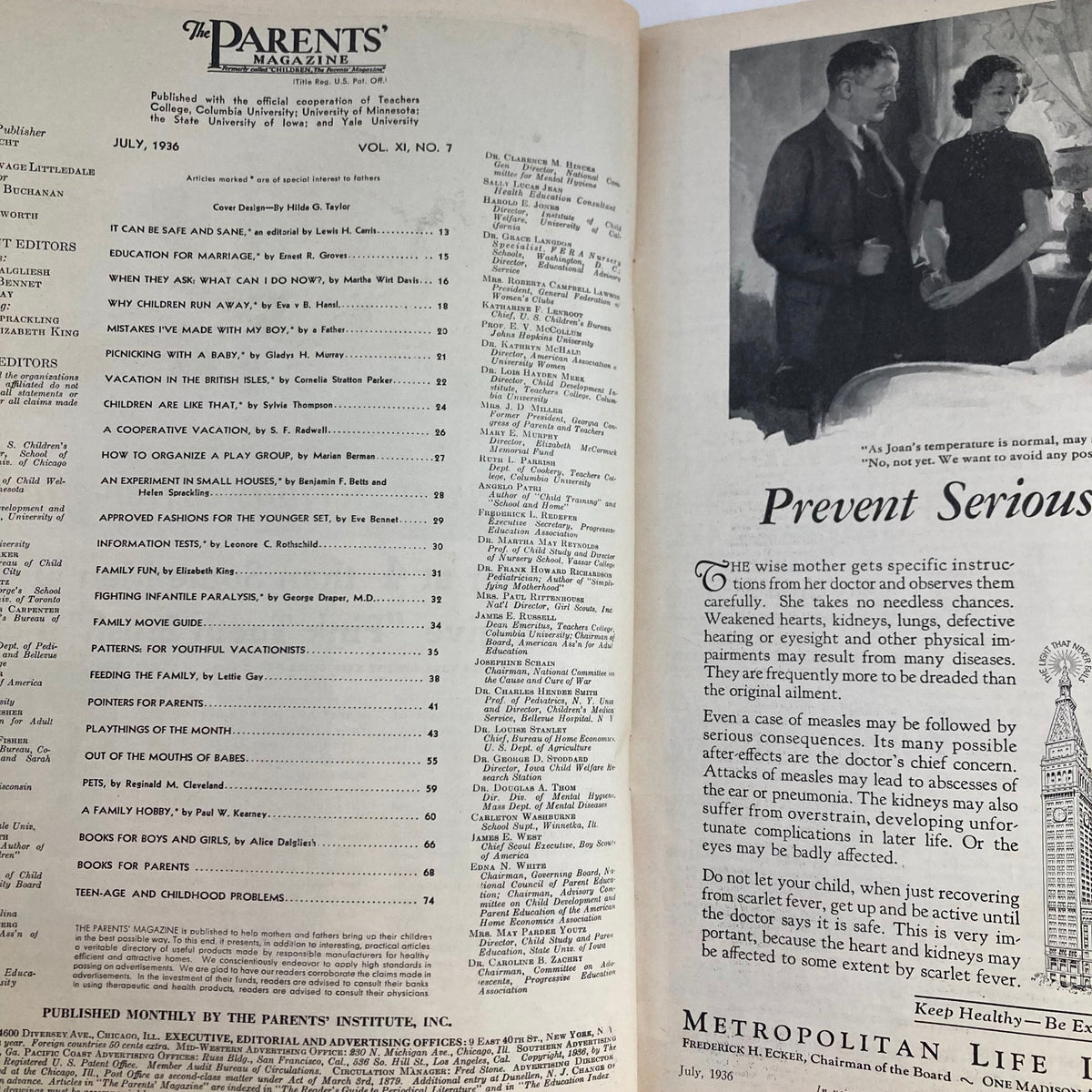 Inside page of VTG Parents' Magazine July 1936, Volume 11, No. 7, displaying the table of contents with various parenting articles and topics, highlighting historical insights.