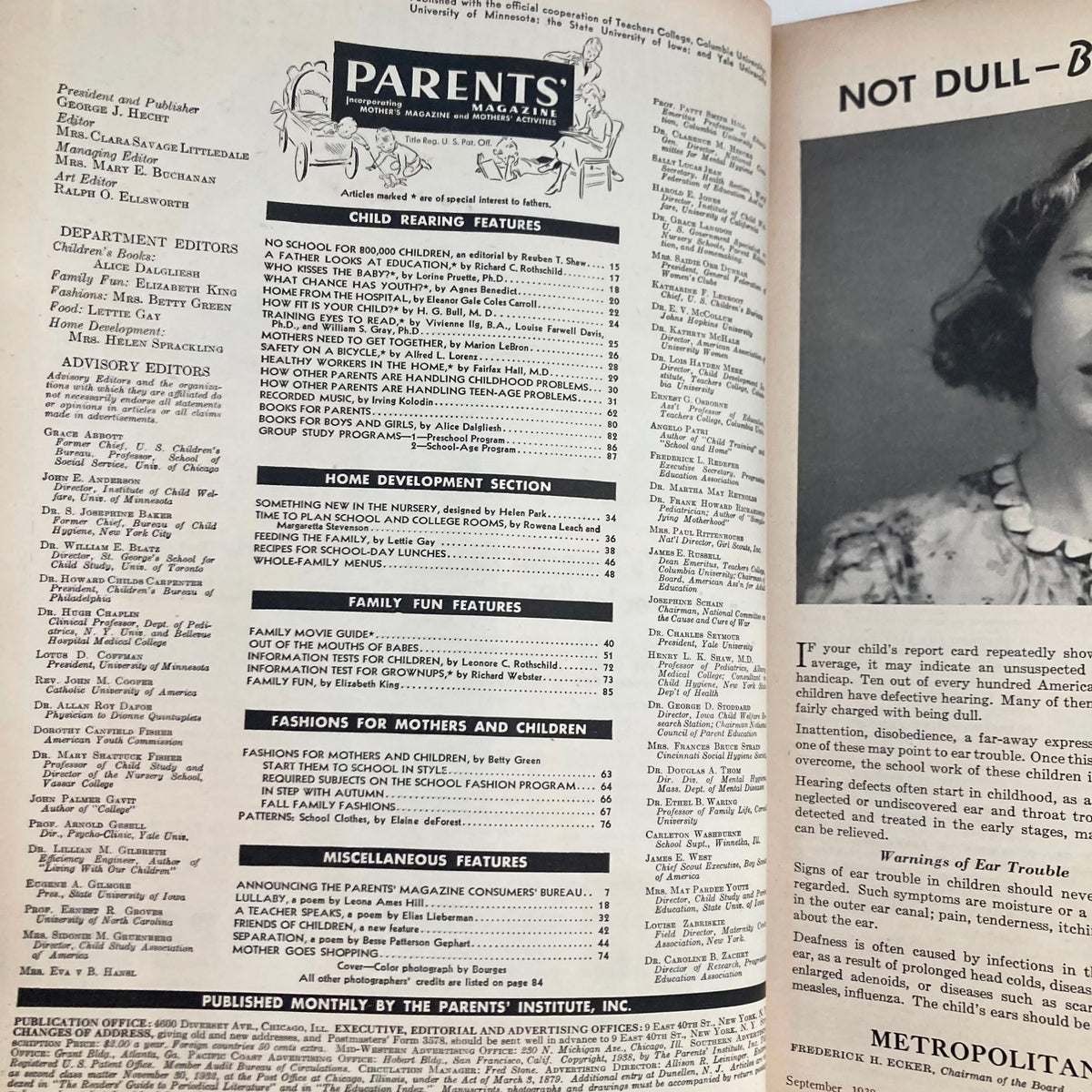 Interior page of VTG Parents' Magazine September 1938 showcasing the table of contents and features related to child-rearing and family activities.