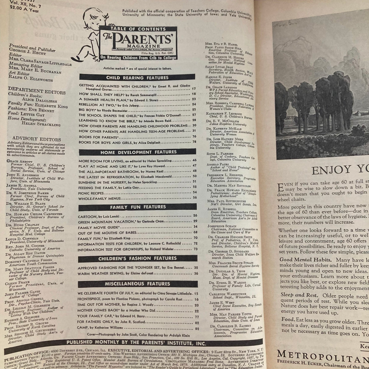 Table of Contents from VTG Parents' Magazine July 1937 Vol 12 No. 7, features articles on child-rearing, home development, family fun, children's fashion, and miscellaneous topics.