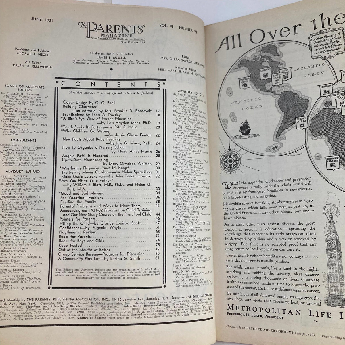 Contents page of VTG The Parents' Magazine June 1931, Vol 6 No. 6 listing articles including those honoring Angelo Patri.