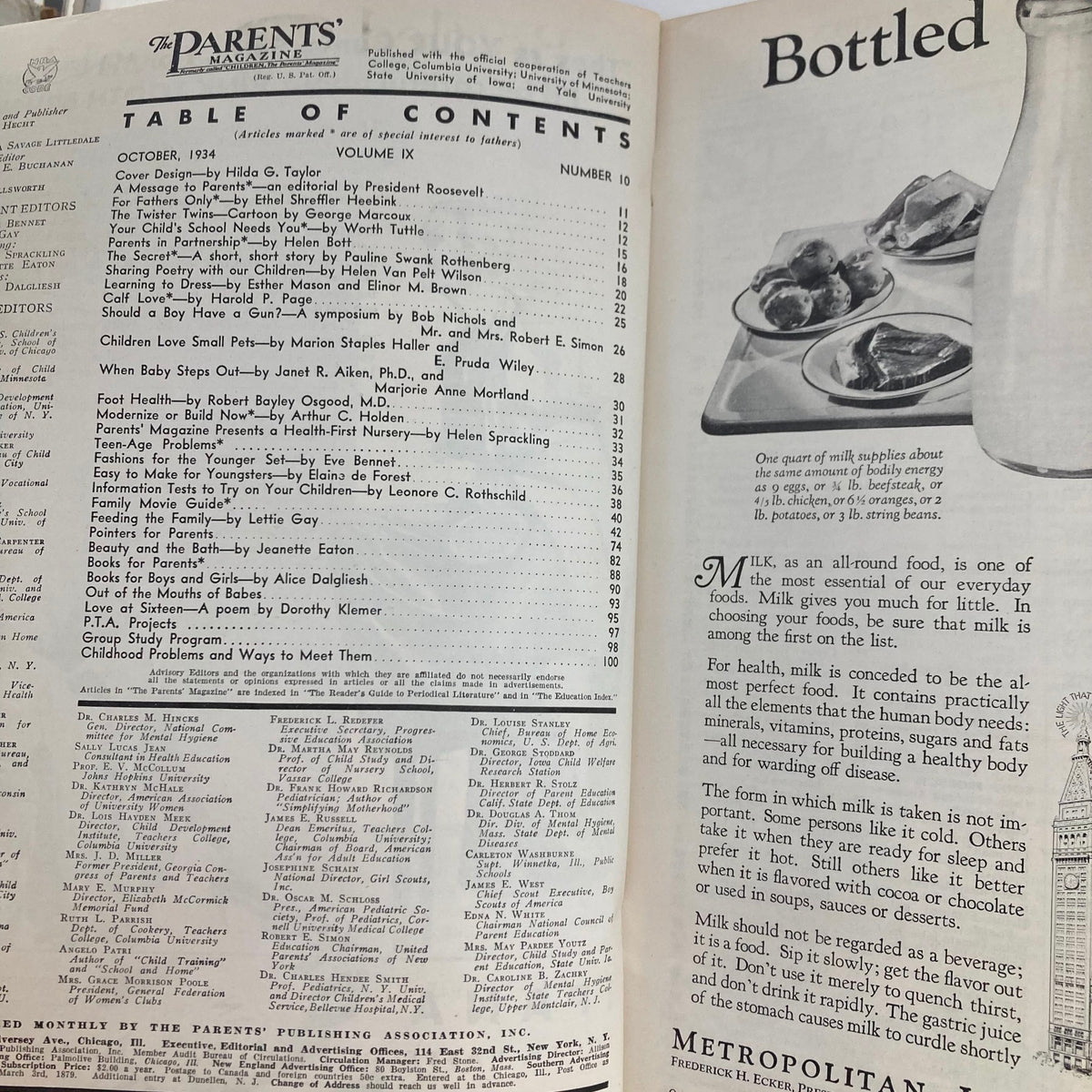 Table of Contents from VTG The Parents' Magazine October 1934, detailing articles on pet ownership and parenting tips.