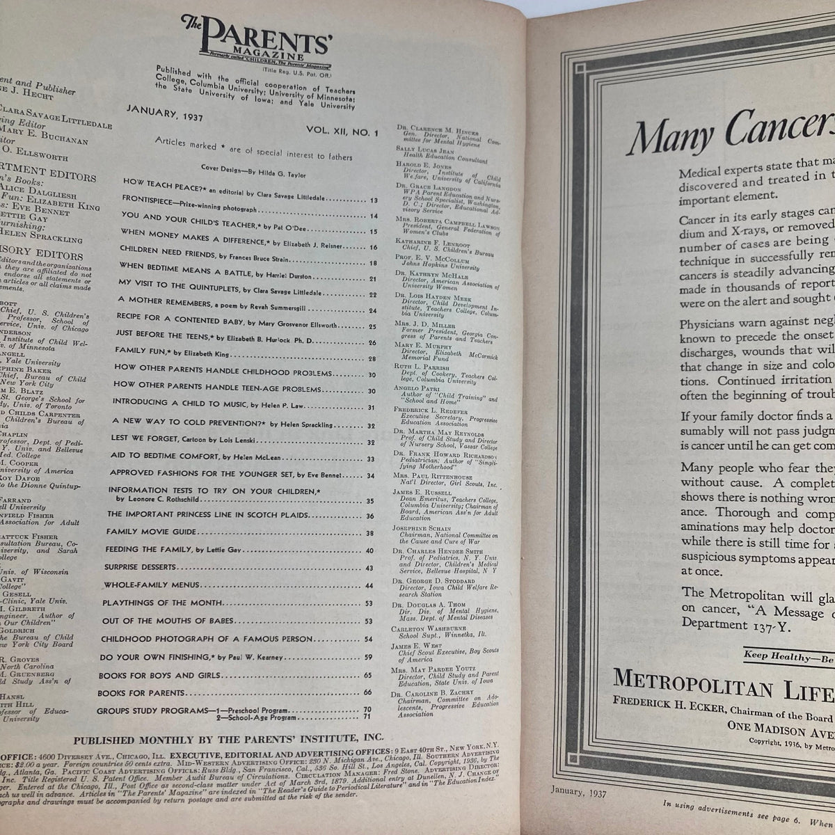 Table of contents page of VTG The Parents' Magazine January 1937, listing articles and topics related to parenting and family life from the era.