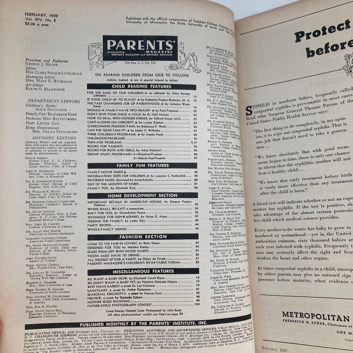 Inside pages of VTG The Parents' Magazine February 1939, displaying articles and features related to parenting and child development.