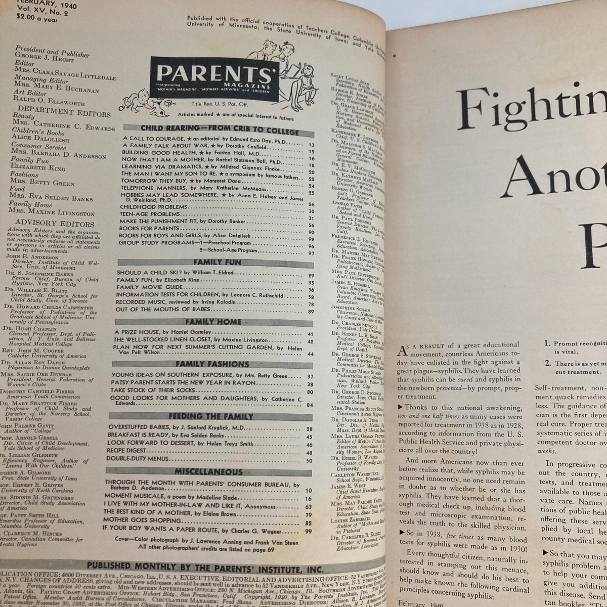 Inside view of the February 1940 issue of Parents' Magazine, Volume 15, Number 2 titled 'Learning Via Dramatics', featuring the table of contents with articles on child-rearing, family fun, and educational insights.