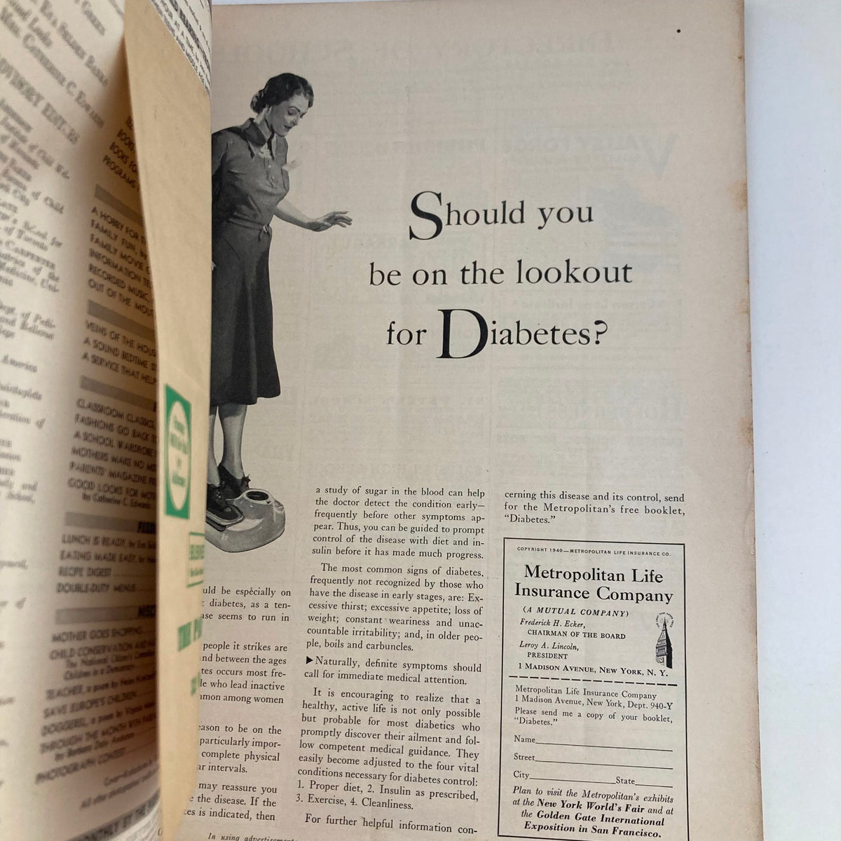 Vintage advertisement from Parents' Magazine September 1940, featuring a woman weighing herself, with the question 'Should you be on the lookout for Diabetes?' highlighting health awareness in parenting.