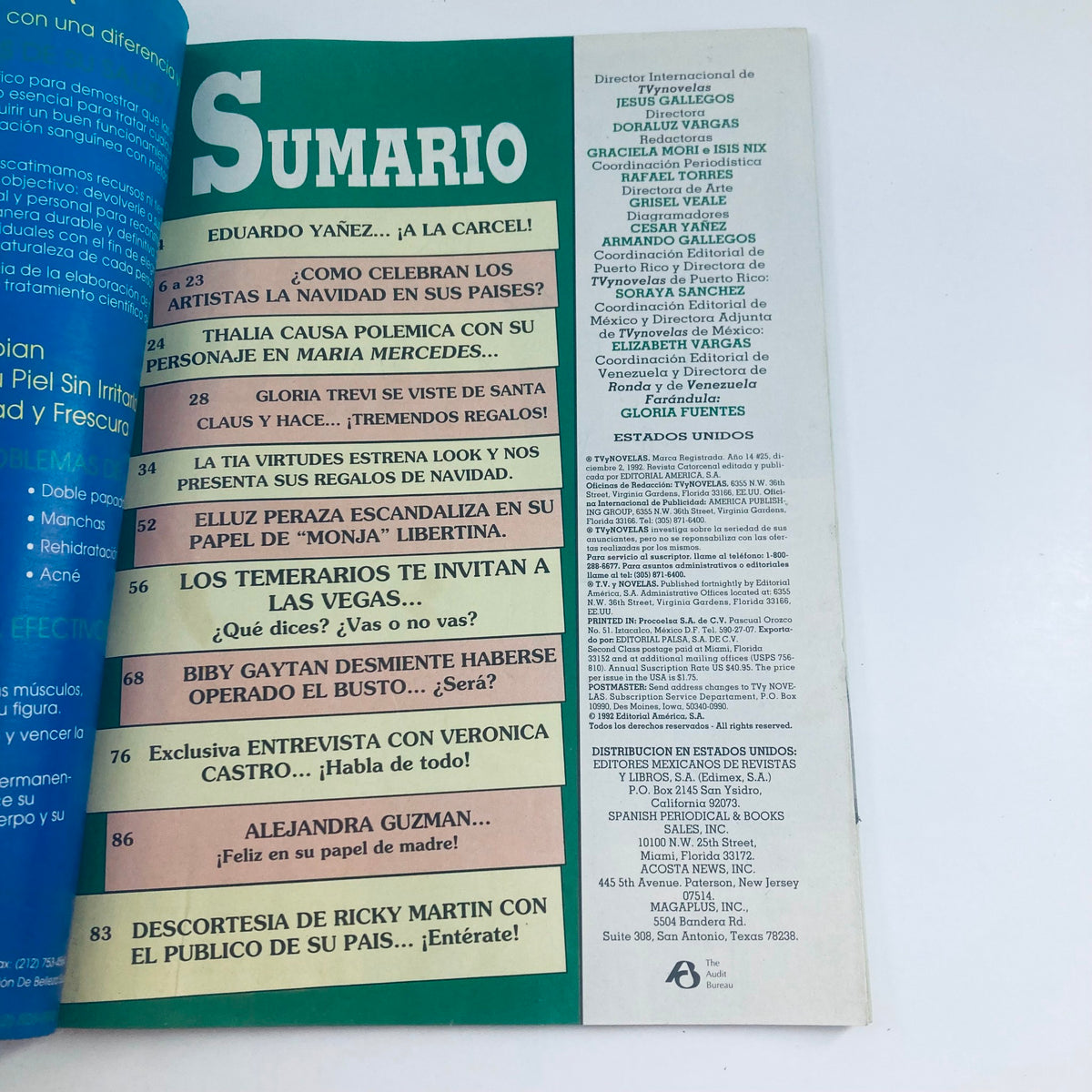 Interior page of TVyNovelas Spanish Magazine December 2 1992 displaying the content table with articles on Thalía, Biby Gaytán, and Ricky Martin.