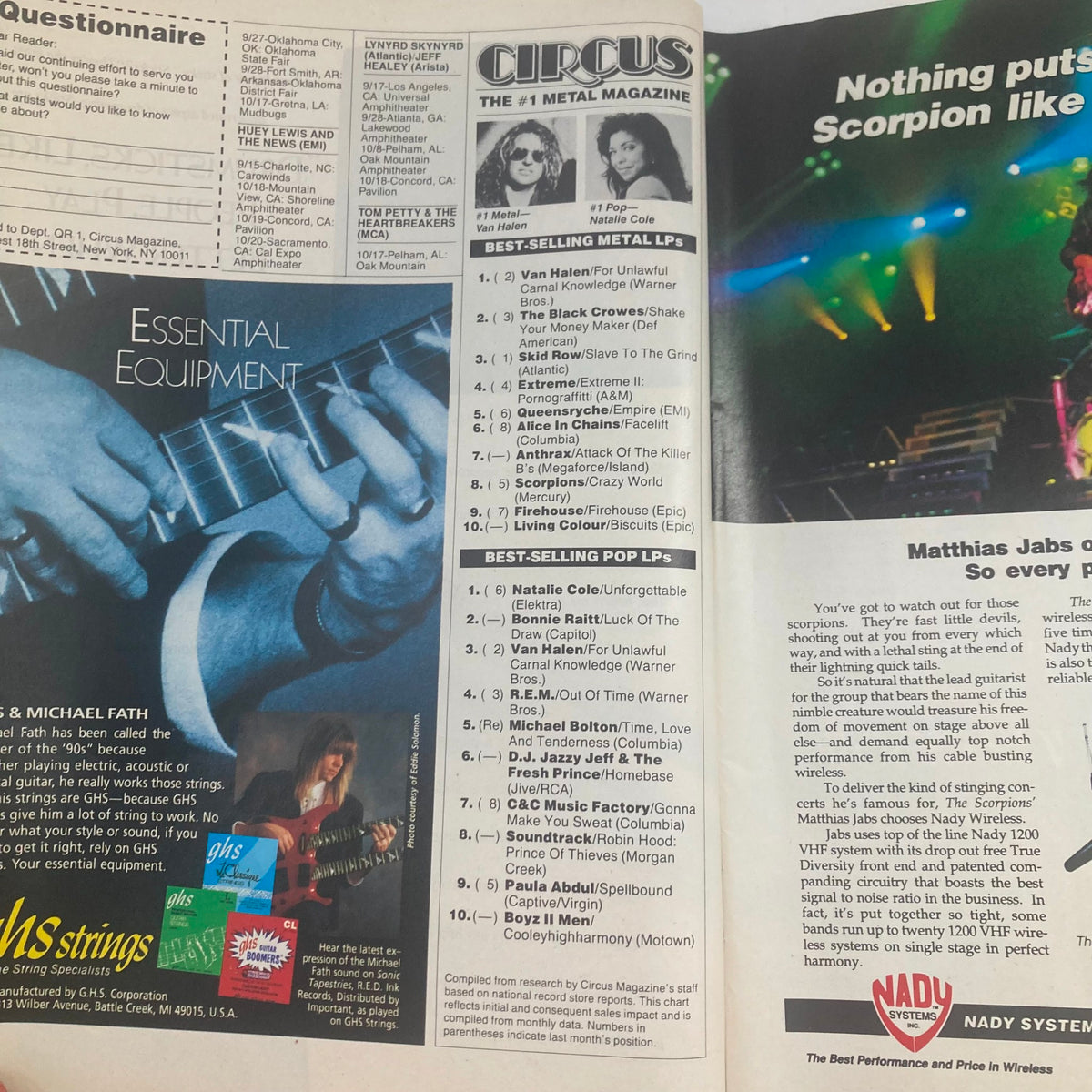 Inside pages of Circus Magazine October 31, 1991, showcasing best-selling metal and pop LPs, music equipment, and features on artists like Van Halen and Natalie Cole.