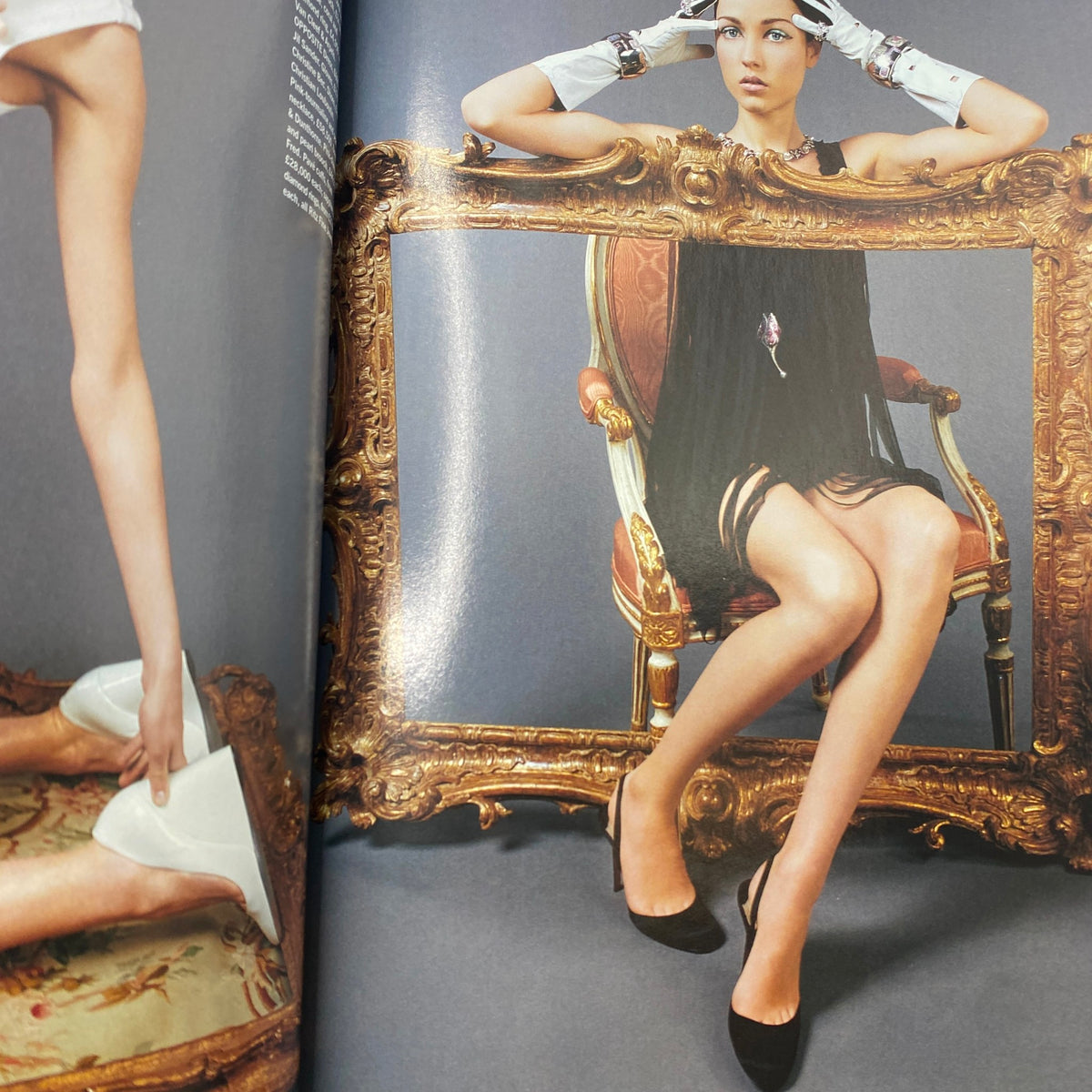 An artistic fashion editorial from Harpers & Queen UK Magazine June 2003, featuring a model styled in elegant attire against an ornate frame, exemplifying the vintage aesthetic.