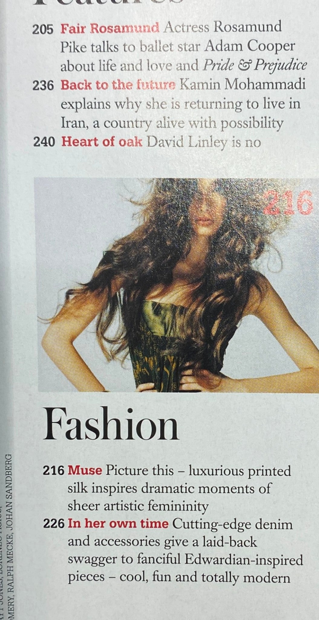 Fashion page from Harpers & Queen British Edition Magazine October 2005 featuring actress Rosamund Pike discussing artistry and femininity.